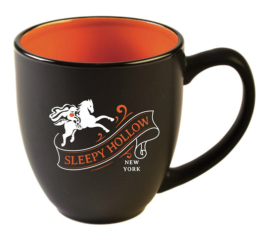 Our matte black bistro mug features the Headless Horseman and his hometown of Sleepy Hollow, New York.