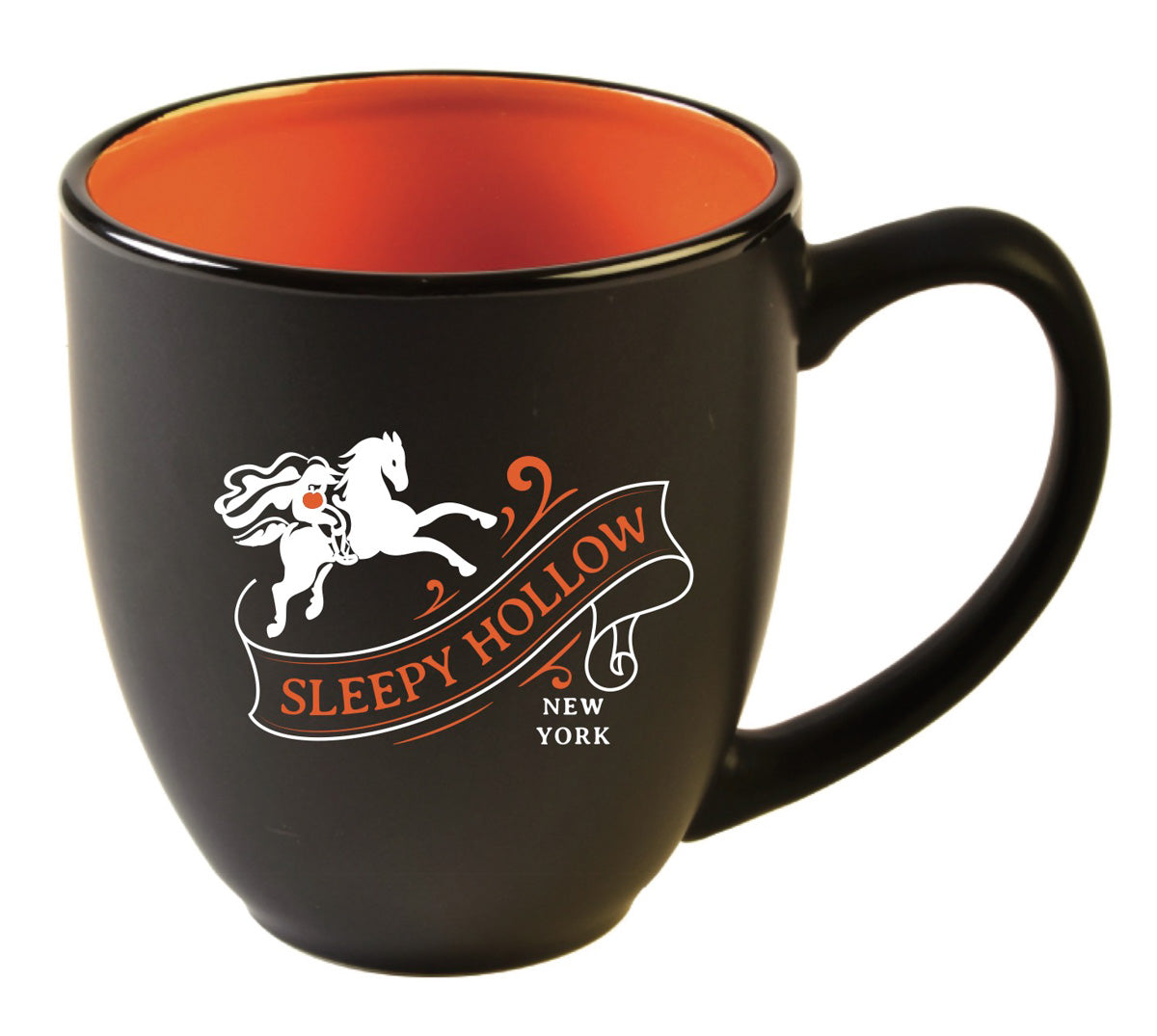 Our matte black bistro mug features the Headless Horseman and his hometown of Sleepy Hollow, New York.